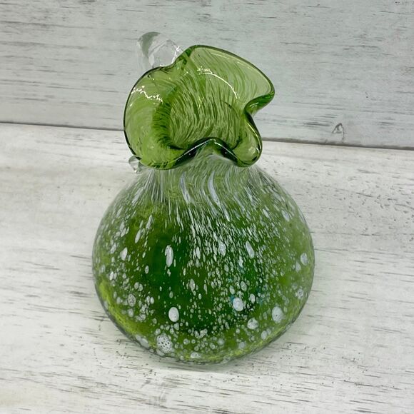 Vintage Green & White Speckled Hand Blown Mini Glass Pitcher Applied Handle - Picture 4 of 9